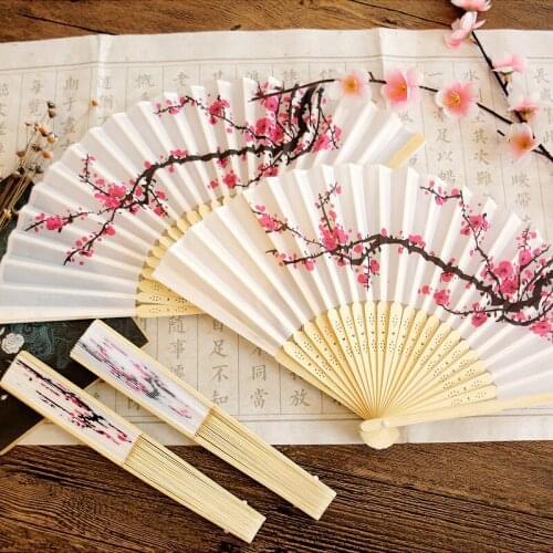 Summer Vintage Bamboo Plum Blossom Folding Hand Held Flower Fan Chinese Dance Party Pocket Gifts Wedding Colorful Chinese Fans