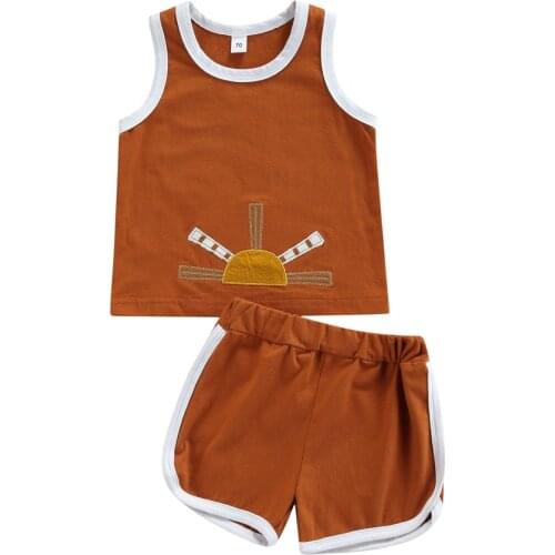 2Pcs Toddler Summer Outfit, Sun Embroidery O-Neck Tank Tops + Elastic Waist Shorts for Baby Girls, Boys, 0-4 Years