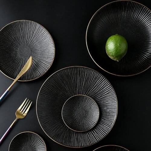 Matte black tableware dinner plate ceramic plate Fruit salad Dessert christmas plates gold plates black porcelain dinner sets