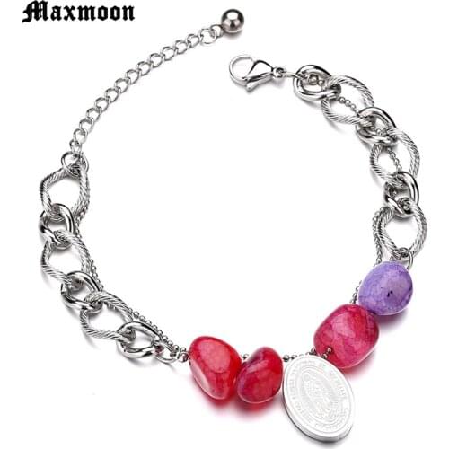 Maxmoon Religious Silver Color Bead Virgin Mary Bracelet Stainless Steel Charm Catholic Bracelet for Women Gift for Mother