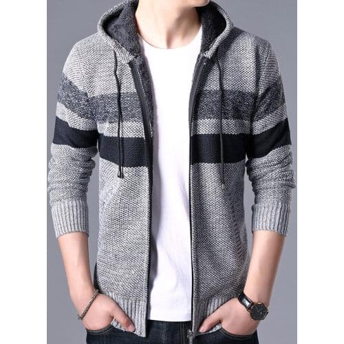 Tide Sweater Men Casual Mens Sweater Winter Thick Warm Hooded Cardigan Jumpers Men Striped Cashmere Wool Zipper Fleece Coats Men