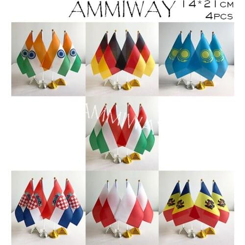 AMMIWAY 14x21cm 4pcs India Indian Germany German Kazakhstan Table Flags Hungary Croatia Poland Polish Moldova Moldovan Desk Flag
