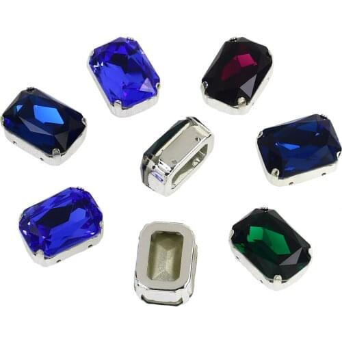 Rectangle crystal glass Sew On Rhinestones Strass With silver Claw Sewing Rhinestone applique for clothes needlework shoes craft