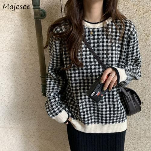 Pullovers Women Plaid Knitted O-neck Loose Preppy Style Students Sweet Korean Stylish Chic Leisure Tops Harajuku Female Sweaters