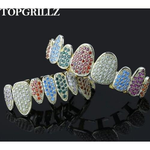 TOPGRILLZ Hip Hop Iced Out Rainbow Teeth Grillz Top & Bottom Grills Dental Mouth Punk Teeth Caps Cosplay Party Rapper Jewelry