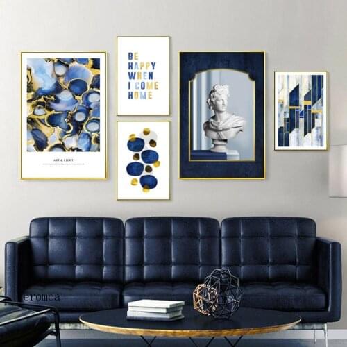 Nordic Abstract Geometric Shape Art Poster Sculpture Canvas Painting Minimalist Gold Blue Wall Picture Living Room Home Decor