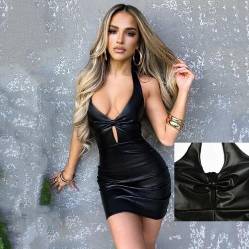 SKMY Summer New PU Leather Fashion Sexy Hot Girl Hollow Halter Blackless Low-Cut Dress High Waist Black Evening Party Dress