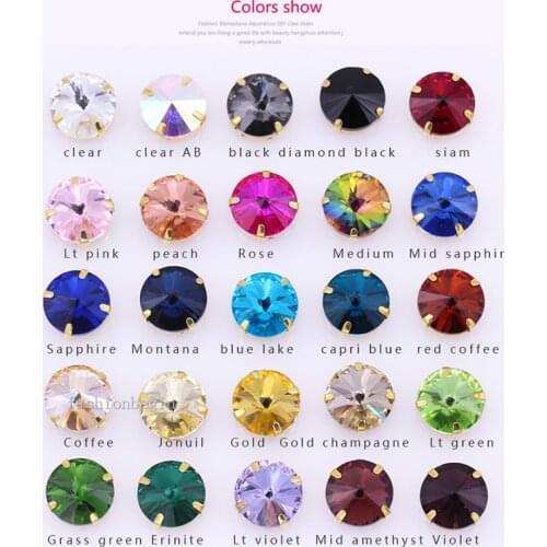 All-Size 25-Color Rivoli round sewing glass stone sew on crystal rhinestone jewel gold base button bead for wedding dress design