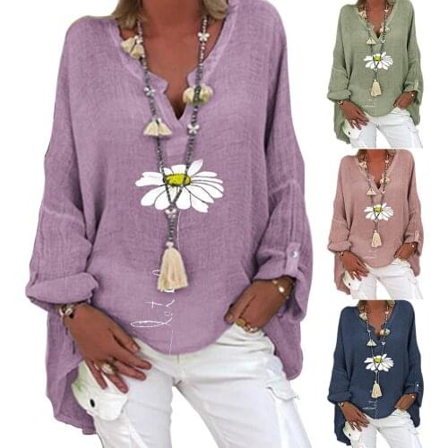 Women Casual blouse Casual Tunic Long Sleeve V Neck Floral Print Button Loose Blouse Shirt Top female clothing Plus Size 3XL