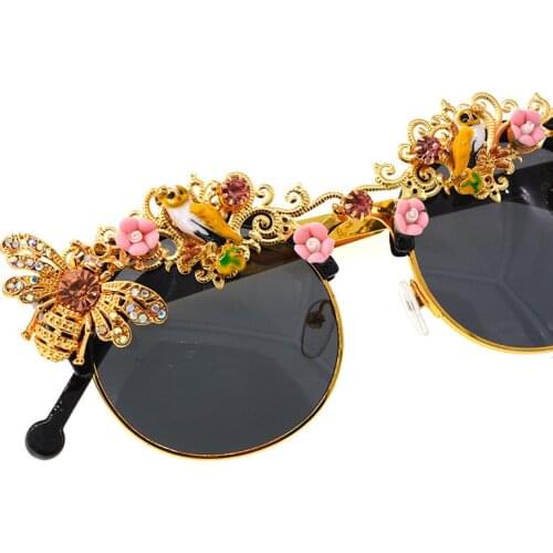Handmade Luxury Baroque Rhinestone Flower Bee Sunglasses Women Brand Female Sun Glasses Oculos Crystal lunette soleil femme