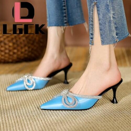 Party Chic Women Mules Slipper Pointed Toe Block Strap Closed Shallow High Heels Shoes Sandals Black Rhinestones Korean Pumps