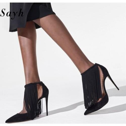 Pointy Toe Suede Black Brown Fringed Stiletto Dress Thin Heels Sandals Shoes Cut-outs Gladiator Woman Tassel High Heels