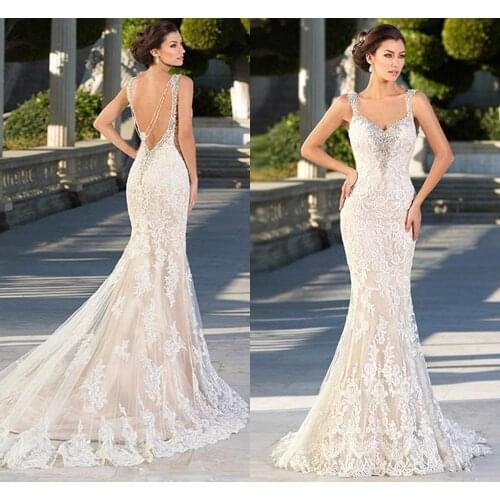 Sexy Champagne Backless Lace Mermaid Wedding Dress 2021 Straps Beaded V-neck Bride Dress African Wedding Gowns LCNM92