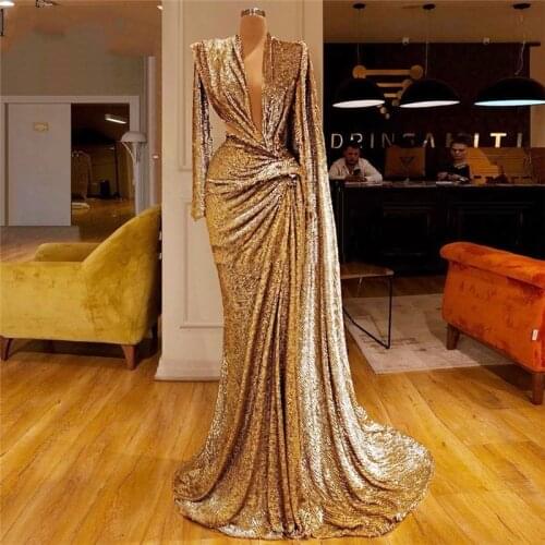 Sexy Deep V Neck Mermaid Evening Gowns Sequin Gold Robe De Soiree Longue abiye vestido Dubai Long Formal Dresses