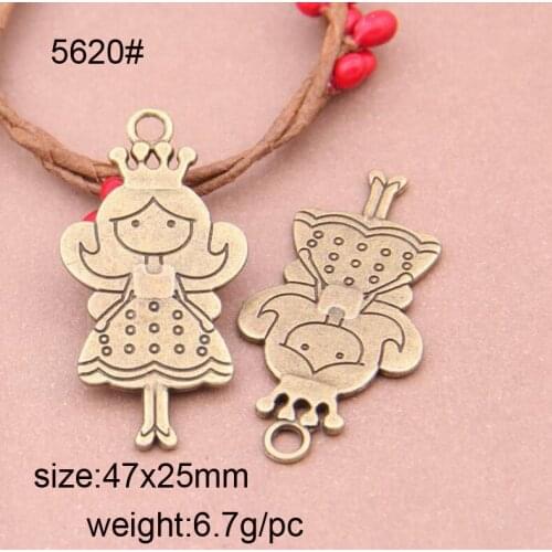 10pcs Antique Bronze 47x25mm Alloy Princess With Crown Charm Pendant