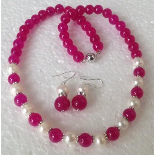 8-9MM Genuine White Akoya Cultured Pearl/Rose necklace earrings set