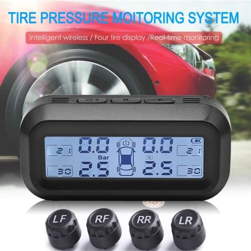 Solar Car TPMS LCD Digital Display Auto Tire Pressure Monitor Tyre Temperature Alarm Warning System 4 External Internal Sensors