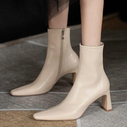 Fashion Square Toe Stretch Boots Spring Autumn Leather Women Boots High Heel Ankle Boots Zipper Boots Shoes Black Beige Brown