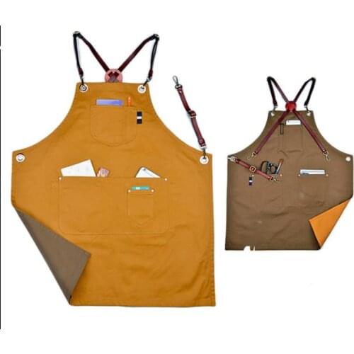Double Sides Designer Apron Canvas Bib Leather Apron Leather X Strap Barber Kitchen Chef Apron With Pocket Tattoo Shop Workwear