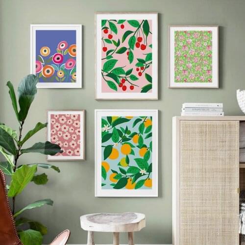 Fruit Market Cherry Orange Lemon Flowers Nordic Posters And Prints Wall Art Canvas Painting Wall Pictures For Living Room Decor