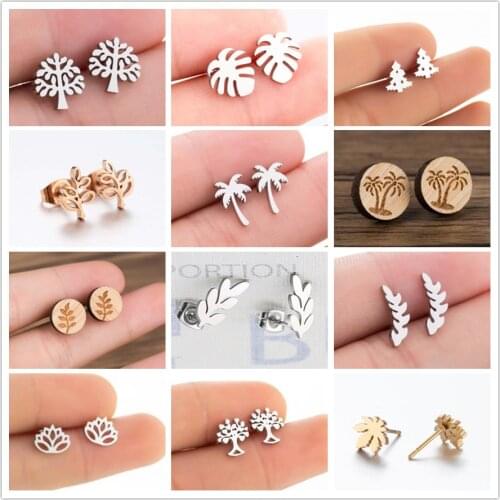 Tiny Stainless Steel Coconut Tree Stud Earrings for Women Summer Holiday Beach Accessories Jewelry Cute Tree Of Life Earring