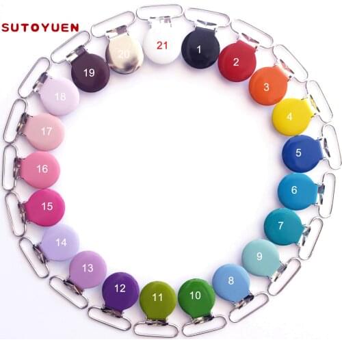 SUTOYUEN 30pcs/lot 1'' 25mm Round Metal Suspenders Clip Soothers Holder Clips for Dummy Baby Pacifier Chain Clips Lead Free