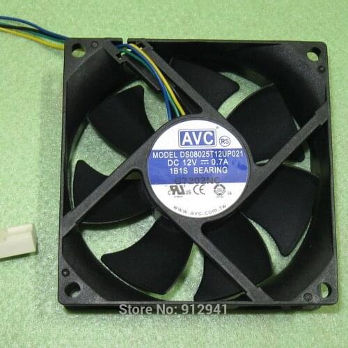 B128 AVC DS08025T12U 8025 80mm x 80mm x 25mm 1B1S Bearing PWM Cooler Cooling Fan DC 12V 0.7A 4Wire 4Pin Connector
