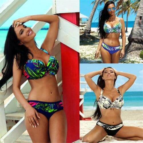 Swimwear Women2021 New Leaf Print Bikinis Push Up Swimsuit Women Vintage Retro Bathing Suit Halter Biquini Maillot de bain femme