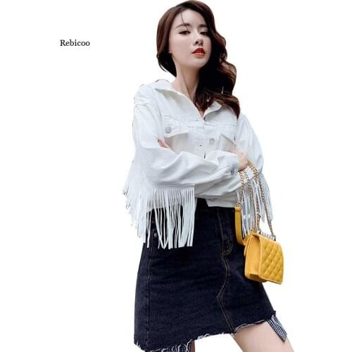 New Denim Jacket Tassel Women Jackets Short Loose Female Casual Long Sleeve Button Outwear Coats White Top Spring Autumn