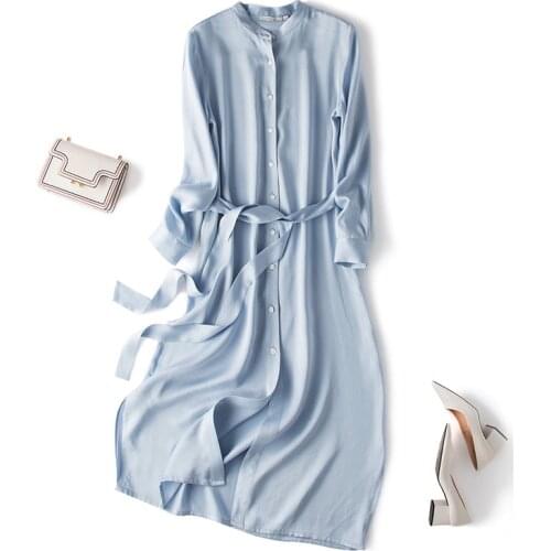 Fashion Luxurious 100% Silk Long Sleeves Offoce Dress Spring Summer Solid Long Women Party A-Line Sashes Silk Dress