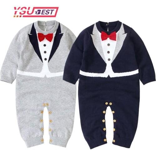 Autumn Infant Baby Boys Gentleman Bow Knitted Romper V Neck Bow Tie Overall Short Sleeve Clothes Set Cotton Newborn Jumpsuit