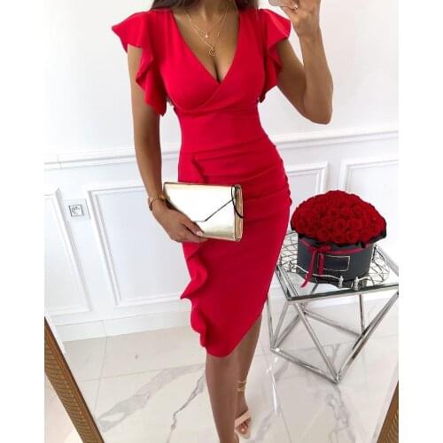 Hirigin Sexy V-Neck Slim Office Lady Dress Ruffles Short Sleeve Bodycon Elegant Women Casual Summer Knee-length Pencil Dress
