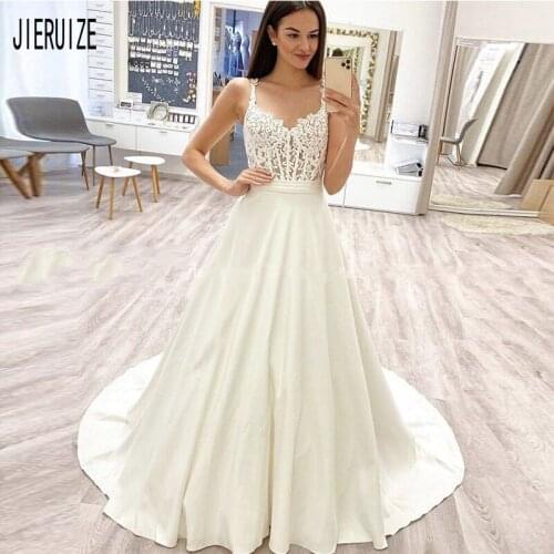 JIERUIZE Beach Wedding Dresses Sleeveless Spaghetti Straps Illusion Appliques Satin Bridal Gowns Lace Up Back vestido de noiva
