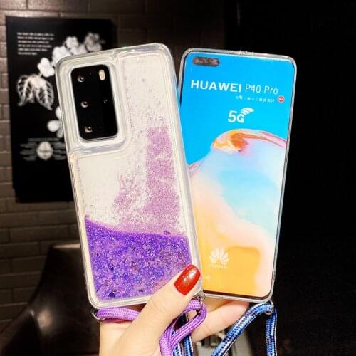 Luxury Liquid Quicksand Strap Cord Chain Phone Case For huawei honor 50 psmart 2021 2020 mate40 pro Necklace Lanyard Hard Cover