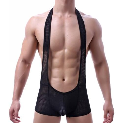 Sexy Men Undershirts Leotard Jock Strap Elephant Bugle Pouch Bodysuit Mesh Transparent Jumpsuit Lingerie Open Butt Underwear