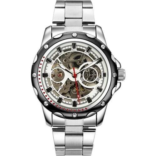 Gorben Silver/Gray Stainless Steel Betl Fashion Mechanical Mens Watches Automatic Mechanical Watch Male Skeleton Watches