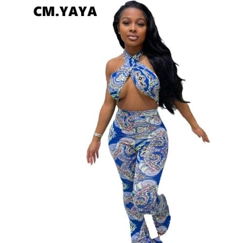 CM.YAYA Women Halter Sexy Twist Jumpsuit Bandanna Paisley Sleeveless Bakcless Pencil Romper Night Party Beach One Piece Overalls