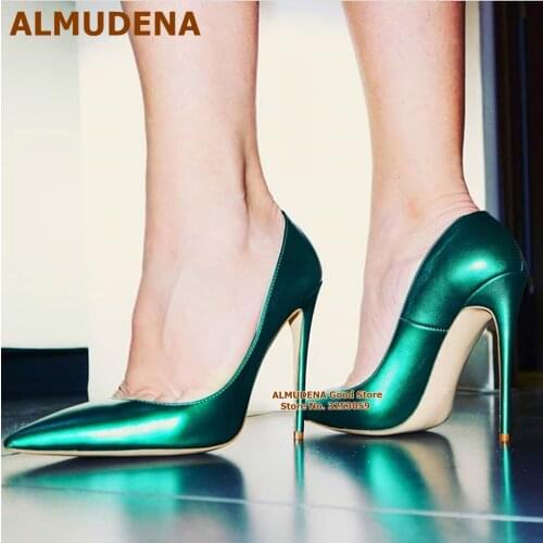 ALMUDENA Dark Green Matte Leather Banquet Shoes Women Size45 Shallow Pointy Toe Wedding Pumps Dropship 12cm 10cm 8cm High Heels