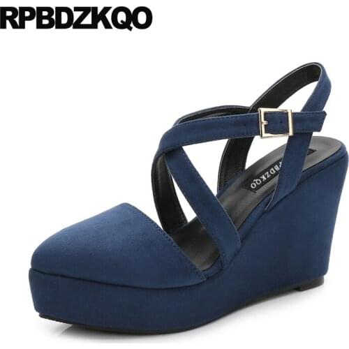 Pointed Toe Platform Wedge Shoes Nude High Heels Pumps Size 33 Blue Slingback 4 34 2021 Cross Strap Suede Ladies China Luxury
