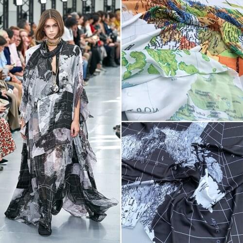 Spring and summer new non-stretch satin printed map haute couture dress shirt clothing printing handmade diy fabric