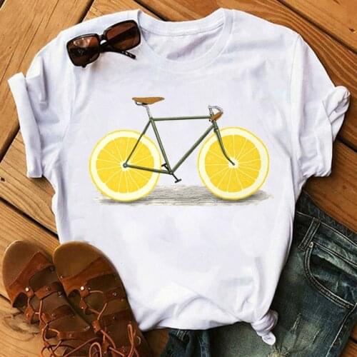 New Bicycle with Lemon Woman T-shirt Casual Kawaii 90s Graphic T-Shirts Summer White Short Sleeve Tops Tee Femme