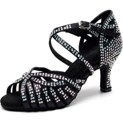 Salsa Tango Female Ballroom Outdoor Satin Dance Rubber Outsole Practice Waltz High Heels Rhinestone Women Dancing Shoes