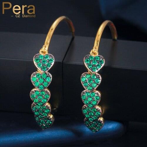 Pera Lovely Green Cubic Zirconia Pave Nigerian Gold Color Big Round Circle Dangling Love Heart Hoop Earring for Ladies E519