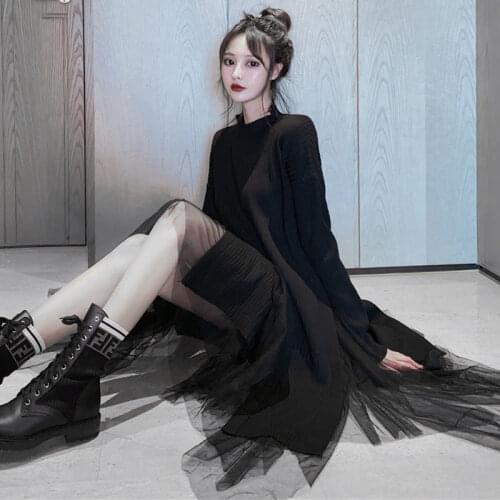 2021 Women 2 Piece Set Retro Suit Autumn New Long-Sleeved Knitted Sweater Top and Mesh Skirt Ladies Casual Two Piece Suit Q782