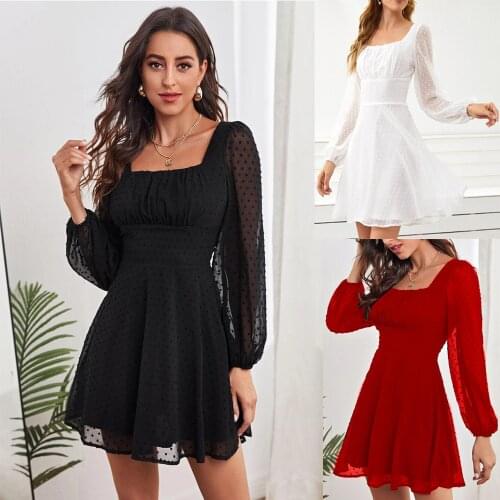 Women Elegant Square Collar Cotton Linen Dress 2021 Spring Long Sleeve Office Lady Mini Dress Summer Solid Party Dress