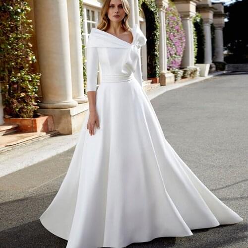 Simple Satin Wedding Dress A Line 2021 Robe Femme Elegant Bridal Dress 3/4 sleeves Beach Bridal Gowns with Court Train