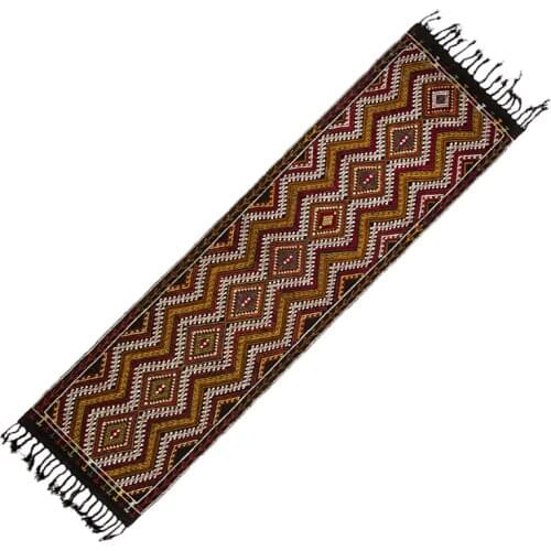 Zigzag Printed Runner Rug, 11x3 Feet Long Mediterranean Hallway Rug, 340x84 Cm Neutral Wool Tassel Rug, Hand Braided Vintage Rug