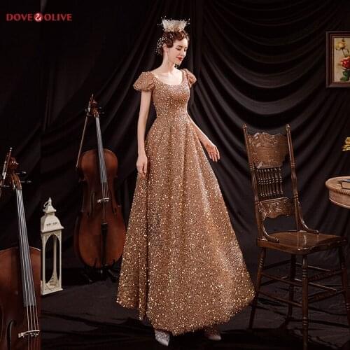 Gold Seuqined Evening Dresses Long Cap Sleeve Scoop Neck A Line Prom Gowns Formal Dress Women Elegant abendkleider
