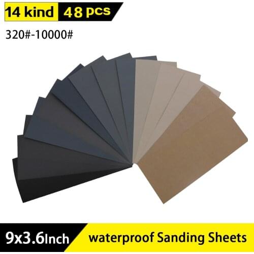 48pcs 9"x3.6" Wet Dry Sandpaper 320 to 10000 Assorted Grits for Wood Furniture Finishing, Metal Sanding and Automotive Polishing
