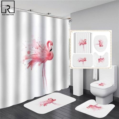 White Flamingo Print Shower Curtain with Hook Set Simple INS Bathroom Curtains Anti-slip Bath Mat Carpets Rugs Home Decoration